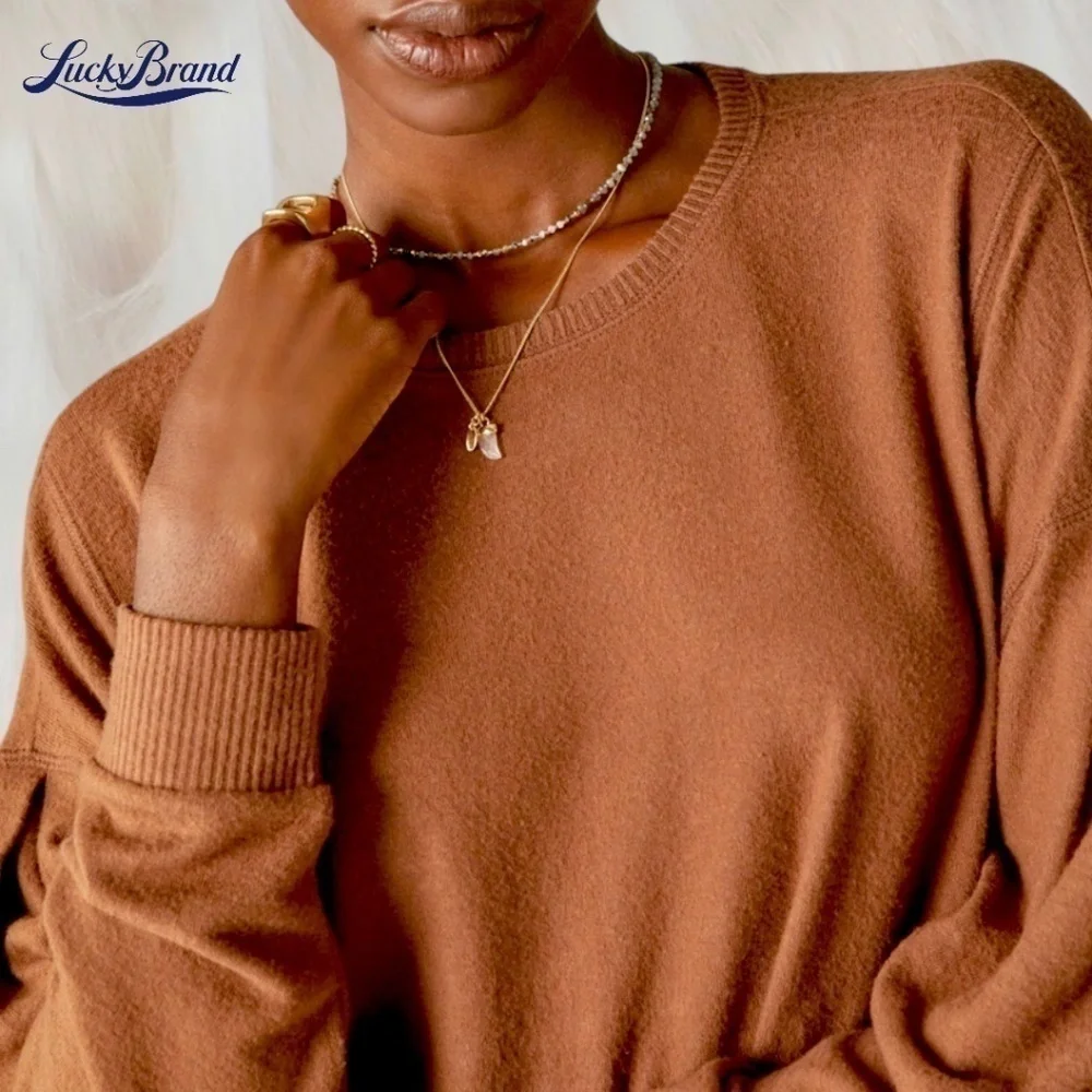 LUCKY BRAND Cloud Jersey Exposed Seam Relaxed Long Sleeve Top-Caramel/Lg/NWT
